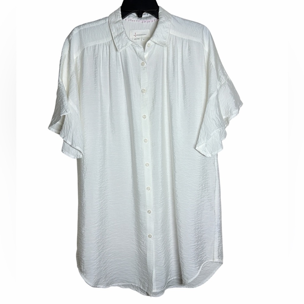 Anthropologie‎ Ruffle Short Sleeve Button Down White Crinkle Textured Tunic M